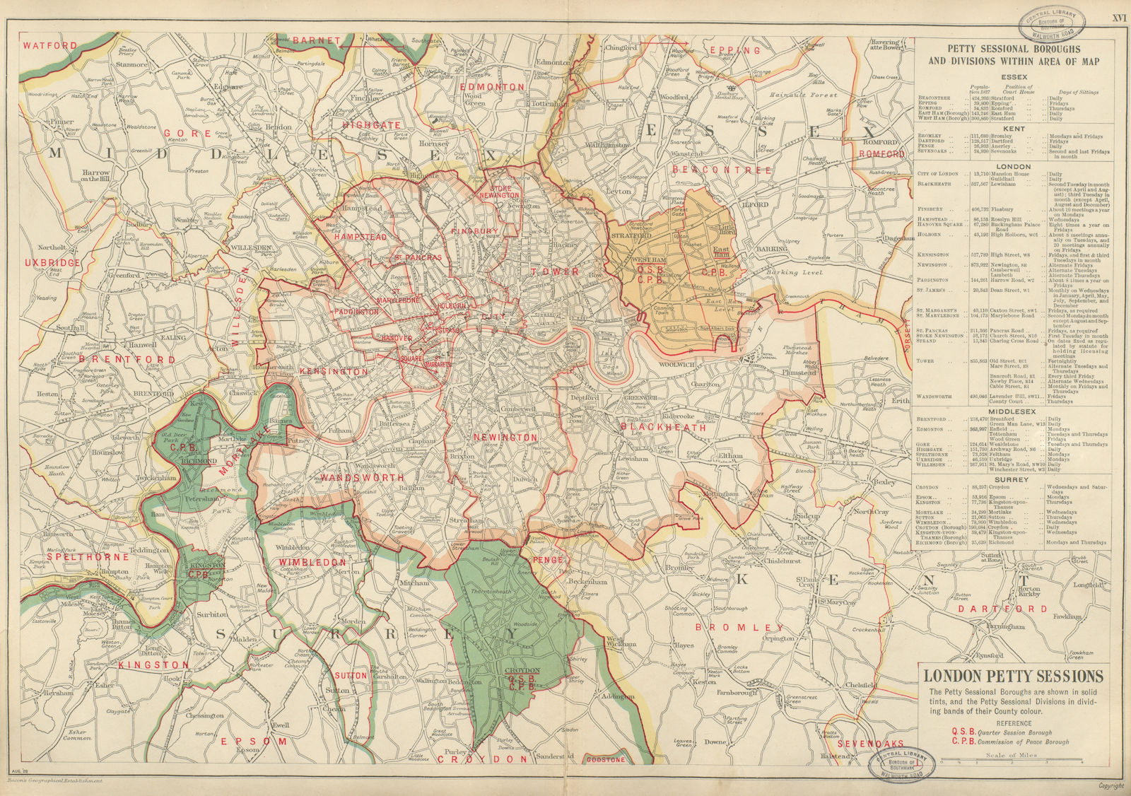 LONDON PETTY SESSIONS/sessional boroughs/divisions. Courts Law. BACON 1934 map